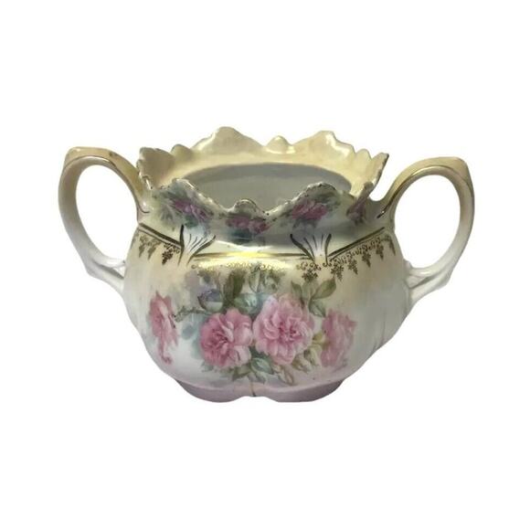 Antique RS Prussia Creamer Porcelain Two Handles Mold 506 Pink Roses C. 1890 - Picture 1 of 5